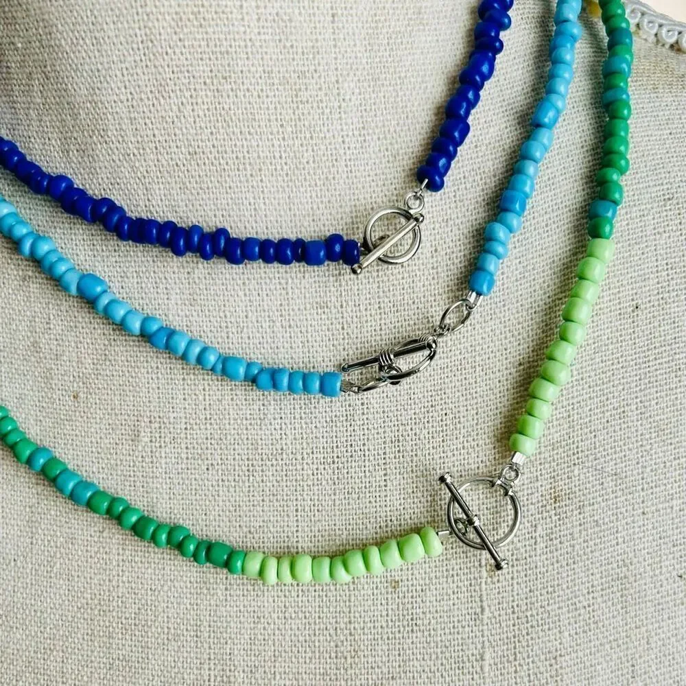 Handcrafted Set of 3 Blue Turquoise Green Silver Beads Necklaces